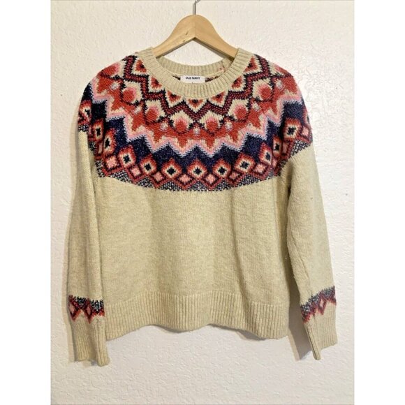 Women’s Fair Isle Wool Sweater Ivory Multicolor Diamond Pattern Sz M Nordiccore - Picture 2 of 13